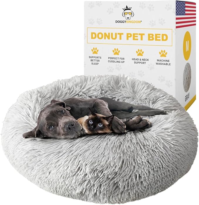Calming Round Donut Dog Bed Pillow, Washable, Anti Anxiety, Anti-Slip, Cozy Soft Cuddler Comfort Bed with Fluffy Plush Faux Fur for Large Medium Small Sized Dog - Gray, M 31 inch