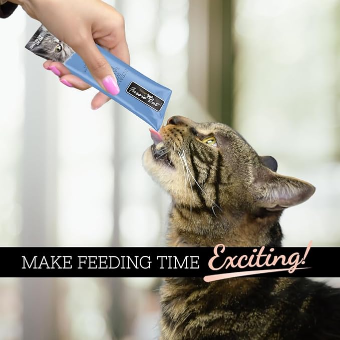 Fussie Cat Ocean Fish and Salmon Puree, lickable cat Treats, 0.5oz, 4 Count Pouch Pack of 3