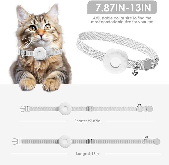 Cat GPS Tracker, Cat Tracker Compatible with Apple Find My App (Only iOS), No Monthly Fee, Waterproof, Breakaway Collar Included, Up to 1 Year Battery (White Tracker, White Cat Collar)