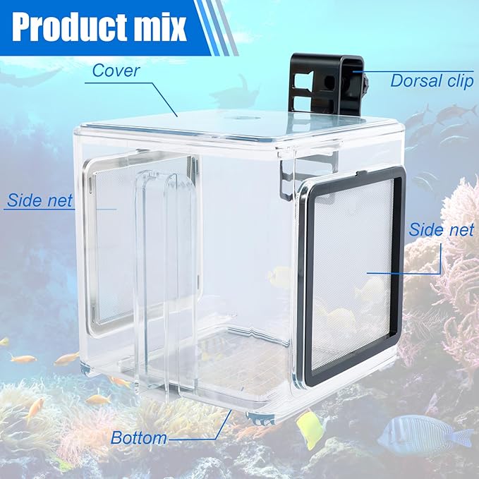 Fish Breeding Box, Fish Isolation Box, Acrylic Fish Isolation Hatchery Tank, Hanging Aquarium Fish Incubator Box with Detachable Mesh Lid for Baby Fish Guppy Betta Newborn Fish Shrimp 5.9x5.9x5.9