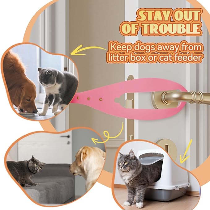 TGIOW Cat Door Latch, 2 Pcs Cat Door Stopper Pet Door Latch to Keep Dog Out of Litter Box and Food, Door Prop for Cat with 5 Adjustable Size Strap 2.5-6" Wide, No Measuring, Easy to Install, Pink
