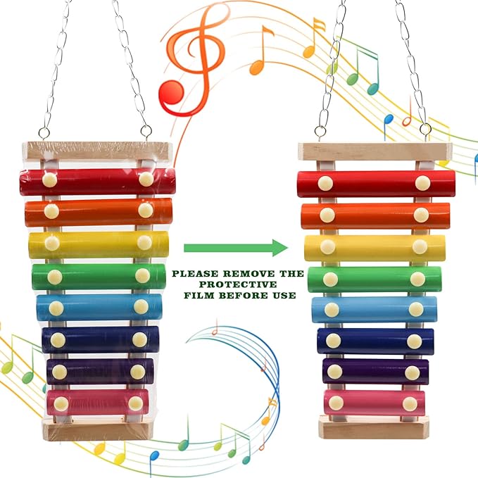 Dnoifne Colorful Bird Xylophone Toy, Suspensible Funny Xylophone Toy with 8 Metal Keys, Cage Accessories for Chicken Birds Parrots Parakeets Cockatiels Budgies Love Birds