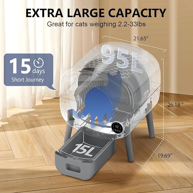 Cumrige Self Cleaning Litter Box, Large Capacity Automatic Cat Litter Box Self Cleaning for Cats, App Control,Safety Protection, 2 Roll Garbage Bags,White & Grey