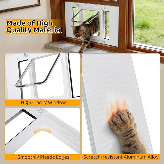 Cat Door for Window, Adjustable Width Fits 31"-36", Quick-Fit Cat Door Window Insert, Aluminum Frame with Tight Seal & Magnetic Closure, 4 Locking Modes for Pet Access Control