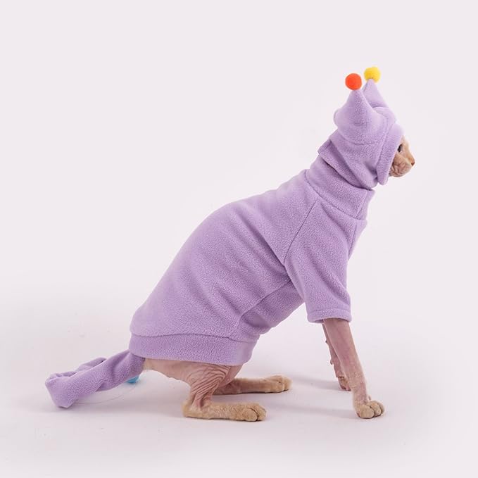 Sphynx Cat Clothes, Warm Cat Jumpsuit with Hat and Tail Cover, Full Set for Hairless Cats, Cornish Rex and Devon Rex (Purple, XS(1-2lbs))