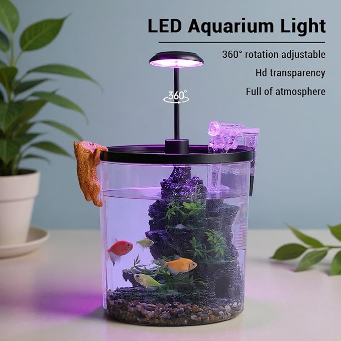 1.5 Gallon Small Fish Tank with Filter & LED Light, Desktop Aquarium Kit with Oxygen Pump & Decor, All-in-One Ecosystem Fish Bowl for Betta, Goldfish, Office, Home Decor