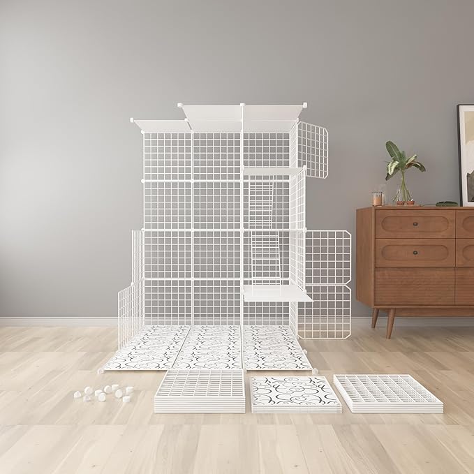 Indoor Cat Cage Enclosure DIY,Cat Playpen Catio Thick Metal Wire Kennels for 1-3 Cats Kitten Cage Detachable Patio Cat Crate (White, 41" L x 28" W x 55" H)