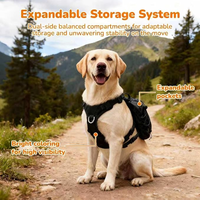 Medium Dog Harness Backpack, No Pull Adjustable Dog Vest with Handle & Leash Ring, Lightweight Dog Backpack with Side Pockets for Walking, Training & Day Hikes, Black, M