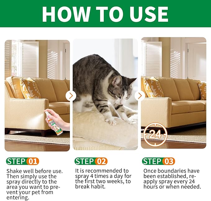 Cat Deterrent Spray for Indoor & Outdoor - Natural Repellent to Prevent Scratching & Urine Marking on Furniture, Sofas, Rugs, Curtains - Safe Cat Behavior Training Aid with Natural Ingredients 4 fl oz