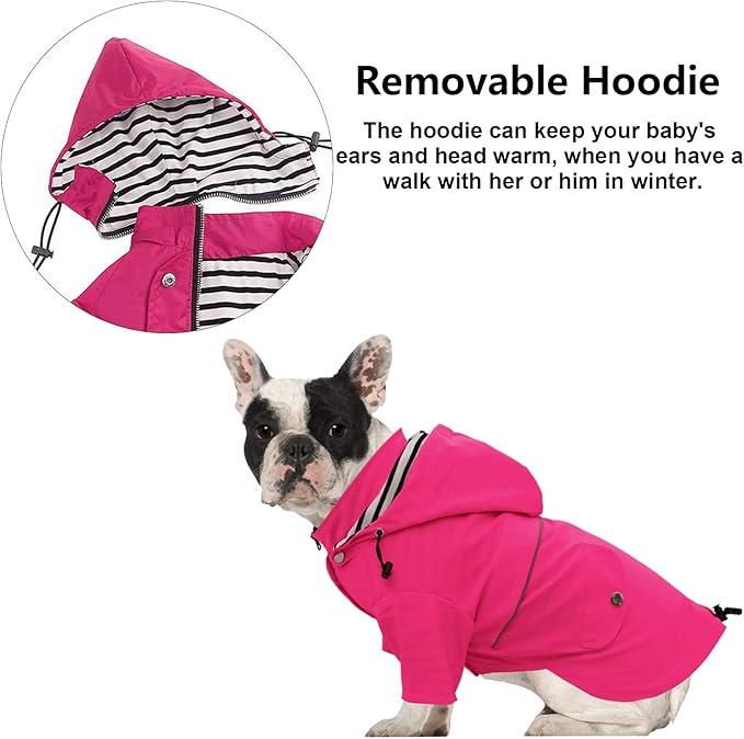 Morezi Dog Zip Up Raincoat with Reflective Buttons, Rain/Water Resistant, Adjustable Drawstring, Removable Hood, Raincoats with Legs 8lbs to 80lbs Available - Pink - XS