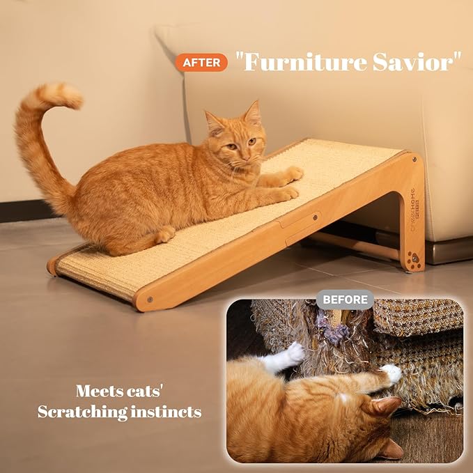CHEERHOME PETS Sisal Cat Scratcher Ramp for Indoor Cats, 24.8" L Shape Scratching Post Climbing Vertical Cat Scratch Pad, Solid Wooden Cat Furniture(Medium)