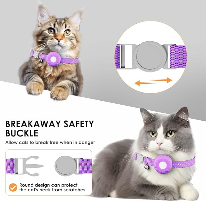 GPS Tracker for Cats, Cat Tracker Collar with Safety Elastic Buckle, Compatible with Apple Find My App (Only iOS), No Monthly Fee, Waterproof (White Tracker, Purple Cat Collar)