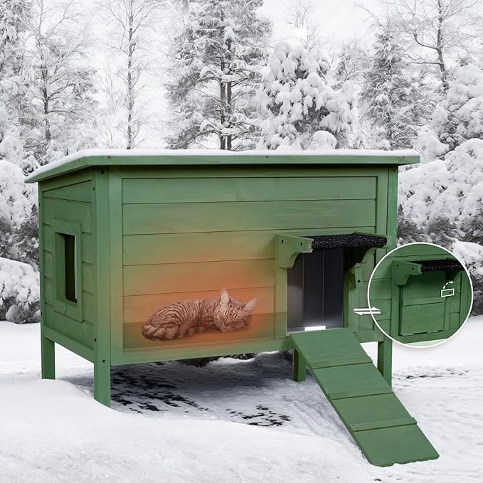 BRIOPAWS Outdoor-Cat-House-Insulated | Feral-Cat-Shelter for Winter | Weatherproof | Large Wooden Pet House for Multiple Cats | Foldable Ladder | Acrylic Side Window | Green