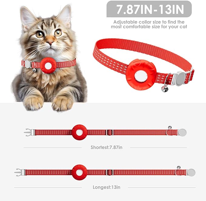 Cat GPS Tracker, Cat Tracker Compatible with Apple Find My App (Only iOS), No Monthly Fee, Waterproof, Breakaway Collar Included, Up to 1 Year Battery (Red Cat Collar)
