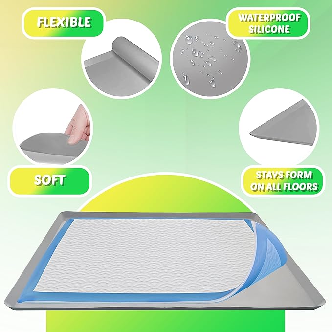 TidyFriend Dog Pee Pad Holder Tray Fits for 28” x 34” Wee Wee Pee Pads - Stable Grip, Raised Edges, Quick-Wipe Silicone Surface Dog Potty Tray Holder for Indoor Flooring Protection (Light Grey)