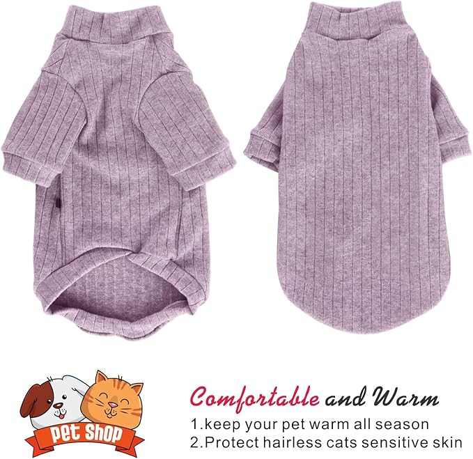 Idepet Sphynx Hairless Cats Sweater Shirt Kitten Soft Puppy Clothes Pullover Cute Cat Pajamas Jumpsuit Cotton Apparel Pet Winter Turtleneck for Cats and Teacup Chihuahua Small Dogs(Purple,M)