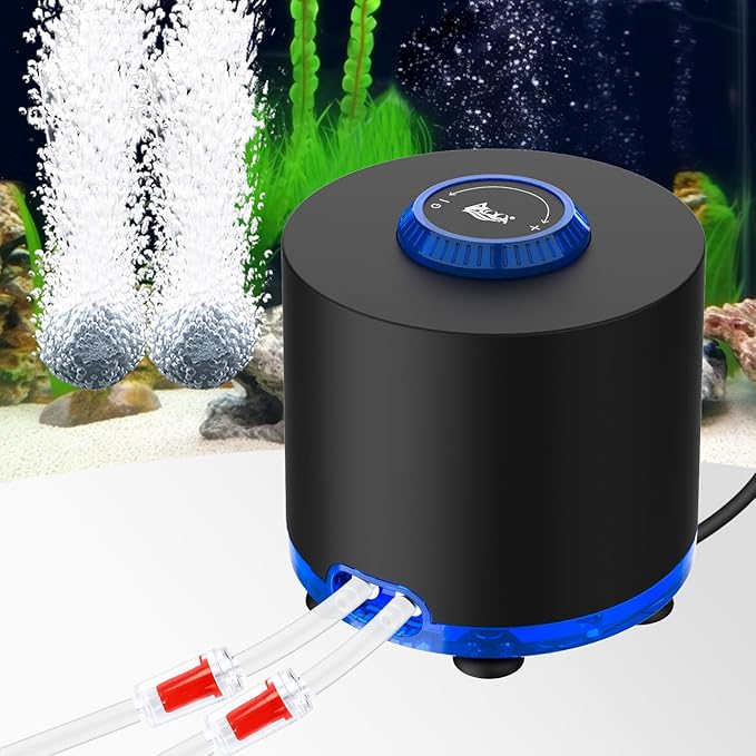 AQQA Aquarium Air Pump, Quiet Powerful Fish Tank Air Pump 3W/6W/10W with Stainless Steel Dual Outlet, Adjustable Oxygen Aerator Pump with Air Stone Bubbler for Fish Tank Up to 200 Gallon 10W (Tubby)