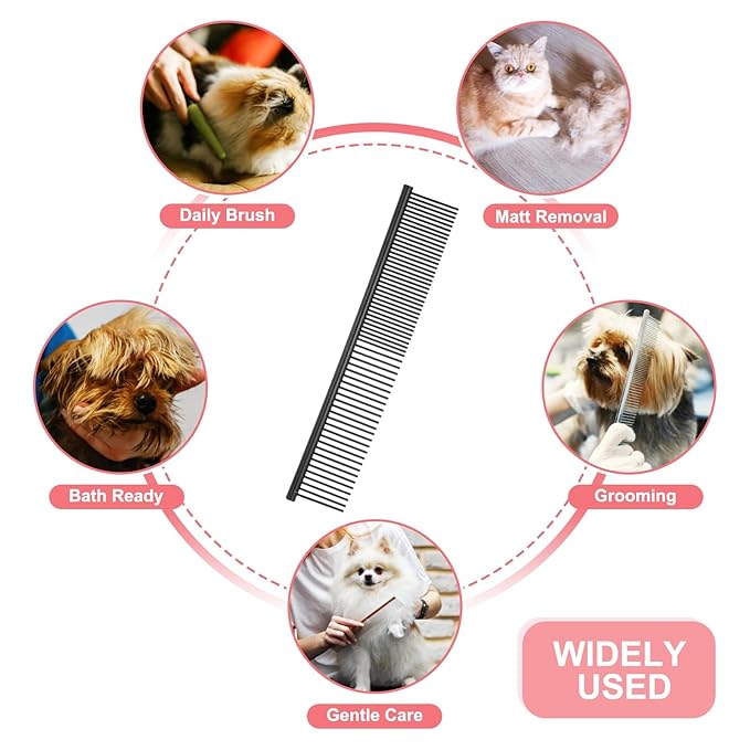 Dog Cat Comb, Pet Combs Stainless Steel Teeth with Rounded Ends for Knots Mats Loose Hair Removal, 6.5/7.5IN (Black Coated, 2 Pack), Grooming Tool Intended for Long Curly Hair Pet