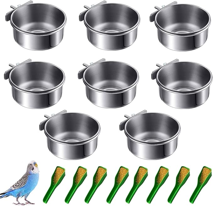 4 pcs Bird Feeding Dish Cups, Parrot Stainless Steel Food Bowl Cage Water Feeder with Clamp Holder for Parrots Cockatiel Budgies Lovebird Parakeet Feeding Cups with 4 Spoon