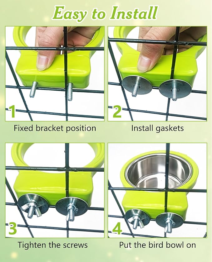 BNOSDM 2 PCS Stainless Steel Bird Bowls Bird Feeding Dish Water Cups Perch Stand Hanging Parakeet Food Container Food and Water Bowls with Spoon for Budgie Cockatoo Finch Lovebirds (Green)