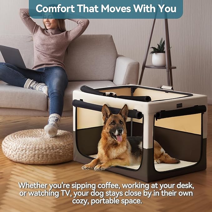 PETSFIT Portable Dog Crate for Medium Large Dogs, – 36" Soft Dog Travel Crates with Lockable Zippers & Thicken Mat, Adjustable Patented Spiral Steel Frame, Collapsible Kennel for Indoor & Outdoor