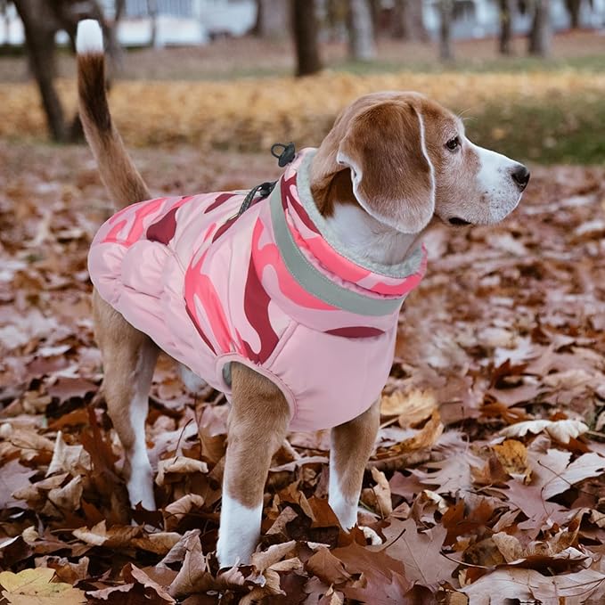 Lelepet Warm Dog Winter Coat Dog Coats for Large Dogs Waterproof Dogs Jacket with Harness Built in Reflective Cold Weather Coats Windproof Zip-Up Winter Fleece Vest Snowsuit Boxer Pink Camo XL
