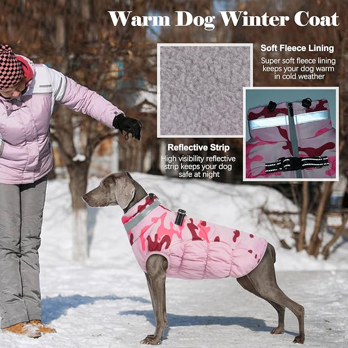 Lelepet Warm Dog Winter Coat Dog Coats for Large Dogs Waterproof Dogs Jacket with Harness Built in Reflective Cold Weather Coats Windproof Zip-Up Winter Fleece Vest Snowsuit Boxer Pink Camo XL