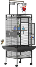 60 Inch Wrought Iron Large Bird Cage with Rolling Stand, Metal Parrot Cage with Play Top & 4 Stainless Steel Bowls for African Grey Cockatiel Sun Parakeet Green Cheek Conure Lovebird Budgie, Black