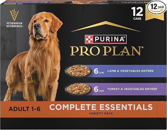 Purina Pro Plan Complete Essentials Wet Dog Food, Lamb and Vegetables and Turkey and Vegetables in Gravy Variety Pack - (Pack of 12) 13 oz. Cans