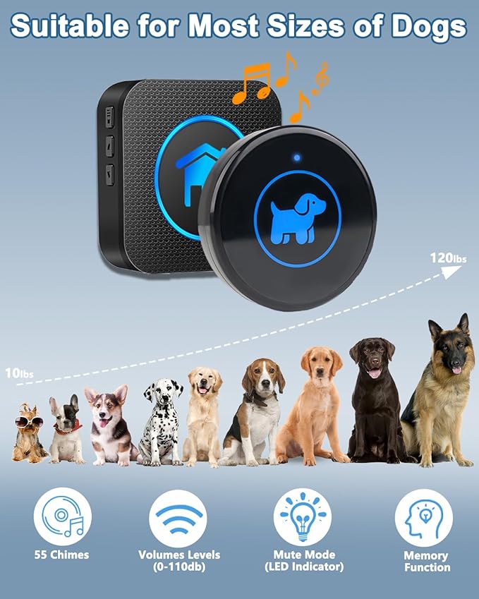 Dog Door Bell, Wireless Dog Doorbells for Potty Training – Dog Bells to Go Outside, 1000Feet Range, Waterproof Button, 55 Melodies & 5 Notification Modes (3 Buttons)