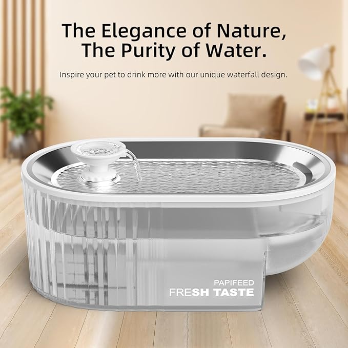 Cat Water Fountain Stainless Steel with a Silicone Mat, 84oz/2.5L Automatic Cat Water Fountain with Water Level Window and LED Light, Quiet Low Power Cat Water Bowl & Cat Water Dispenser(White)
