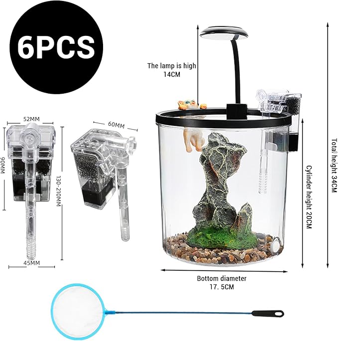 1.5 Gallon Small Fish Tank with Filter & LED Light, Desktop Aquarium Kit with Oxygen Pump & Decor, All-in-One Ecosystem Fish Bowl for Betta, Goldfish, Office, Home Decor