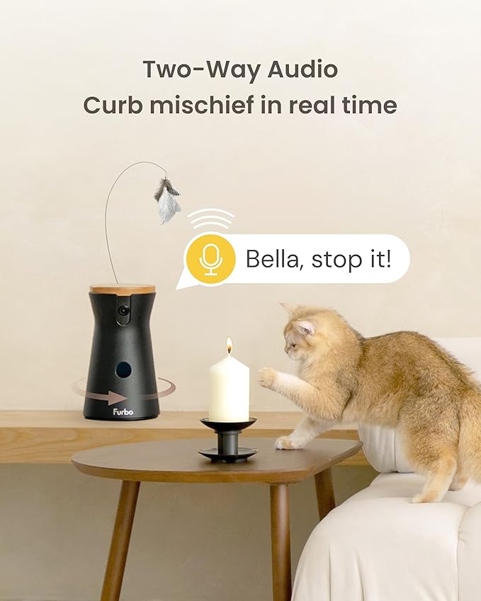 Furbo 360° Cat Camera: Pet Security Cam w/Meowing Alerts, Rotating View, Treat Toss w/Phone App, Smart Home Kitty Monitoring, 2-Way Speaker, No Subscription Needed. Standard See, Talk, & Toss Features
