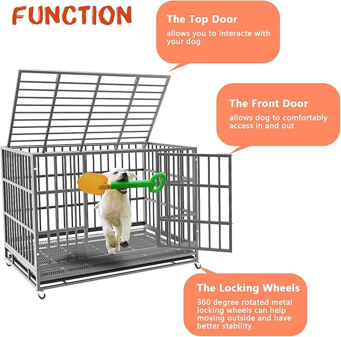 LEMBERI 38 inch Heavy Duty Indestructible Dog Crate, Escape Proof Dog Cage Kennel with Lockable Wheels,High Anxiety Double Door Dog Crate,Extra Large Crate Indoor for Large Dog with Removable Tray