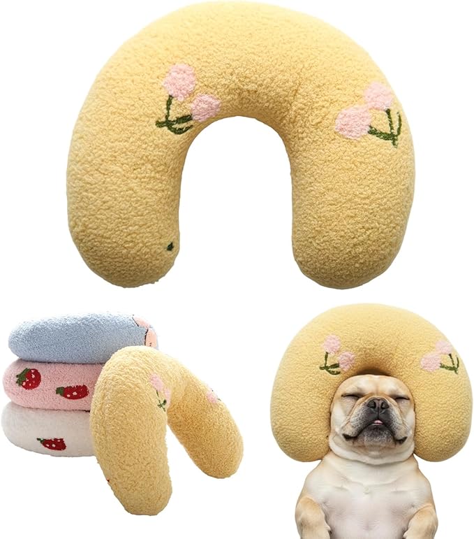 U-Shaped Calming Pillow for Cats and Dogs - Super Soft Plush Fabric, Cozy Headrest, Neck Support for Deep Sleep, Kitten Headrest, Pet Bed (Yellow)