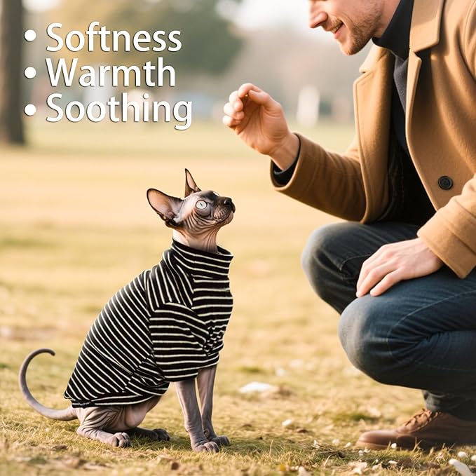 Sphynx Cat Sweater Hairless Cat Clothes Sweater Shirt Soft Warm Long Sleeves Pullover Pet Clothes Pajamas Dog Cloth for Small Dogs Jumpsuit Pet Sweaters (B&W Striped, XX-Large)