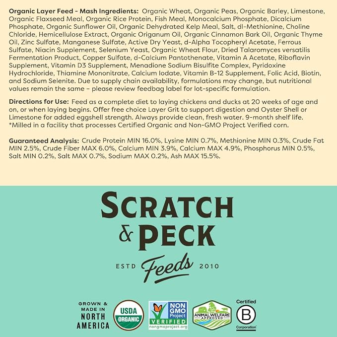 Scratch and Peck Feeds Whole Grain Layer Mash Chicken and Duck Feed - 40 lbs Bag - Corn-Free and Soy-Free - 16% Protein, Certified Organic and Non-GMO Project Verified Chicken Food
