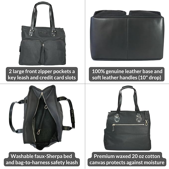 DJANGO Waxed Canvas & Leather Dog Carrier Tote Bag – Premium Soft-Sided Travel Dog Purse with Safety Leash, WR Lining, & Large Zipper Pockets – Everyday Pet Carrier for Small Dogs (Black, Medium)