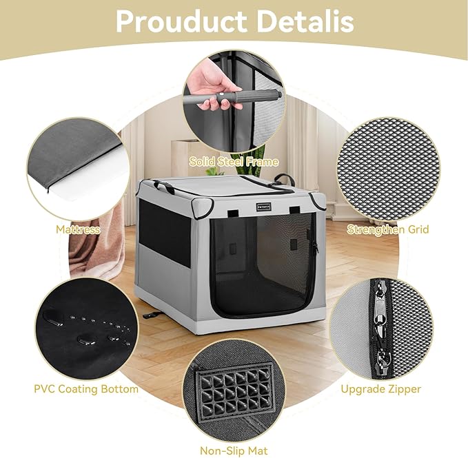 PETSFIT Portable Dog Crate for Large Dogs, – 40" Soft Dog Travel Crates with Lockable Zippers & Thicken Mat, Adjustable Patented Spiral Steel Frame, Collapsible Kennel for Indoor & Outdoor