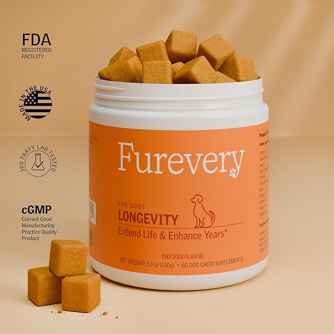 Longevity Dog Multivitamin 11-in-1 Daily Chews Chicken Flavored with Flaxseed, 60 Count, Supports Hip and Joint Health, Immune System, Skin and Coat, Heart Health, Energy and Vitality