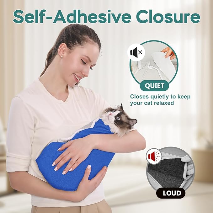 Self-Adhesive Cat Grooming Wrap, Cozy Cat Wrap for Cutting Nails, Breathable Anti-Scratch Cats Swaddle Bag for Brushing, Ear Cleaning, Dental Care, Medication, Injections,Blue L