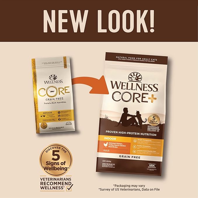 Wellness CORE+ Adult Dry Cat Food for Indoor Cats, Grain Free, Natural, Chicken, Turkey & Chicken Meal (11 Pound Bag)