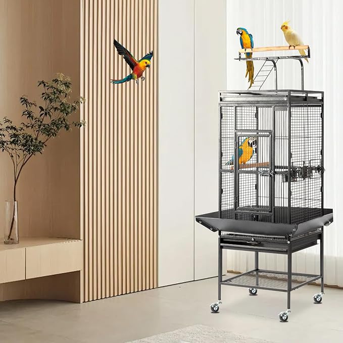 VINGLI Bird Cage with Wheels, 62 inch Bird Cages with Play Top, Wrought Iron Cage with Rolling Stand for Parrots, Cockatiels, Budgies, Lovebirds, Small/Medium Birds