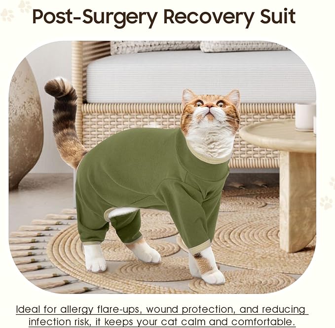 DENTRUN Cat Clothes for Hair Control with Hair Sticky Fabric - Soft Recovery Suit & Breathable Lint-Resistant Cat Sweater for Cats Only, Kitten Onesie Pajamas, L, Army Green