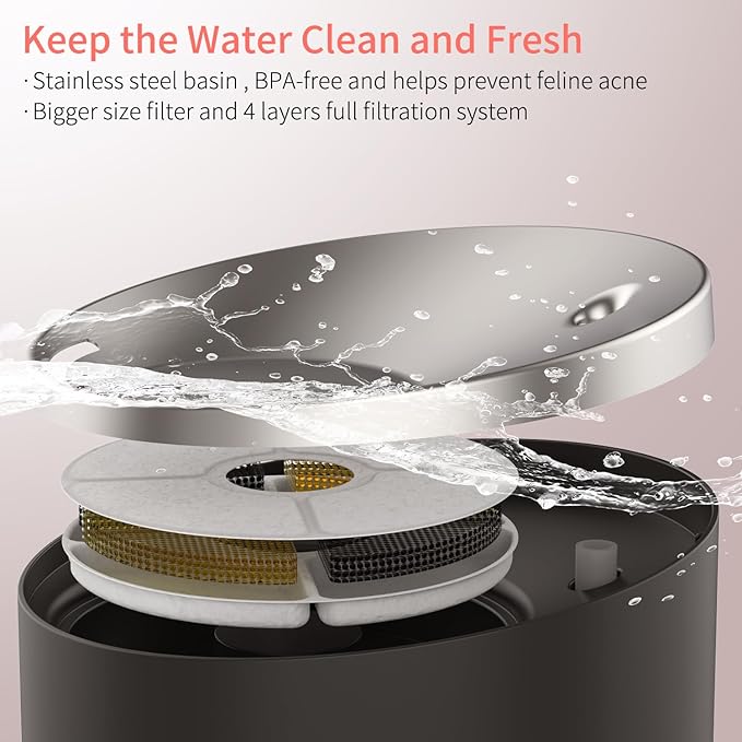 beQ Cat Water Fountain, 84oz/2.5L Stainless Steel Automatic Pet Fountain Dog Water Dispenser with Replacement Filters for Cats, Dogs, Multiple Pets Drinking Bowl, Indoor Ultra-Quiet Smart Pump, Black