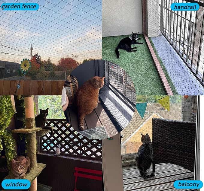 JUNFLYING Cat Netting Balcony 10x13 FT, Wire-Free Pet Protection Mesh for Fall Prevention, Heavy-Duty Catio Screen Barrier for Apartment, Window, Staircase, Terrace and Patio