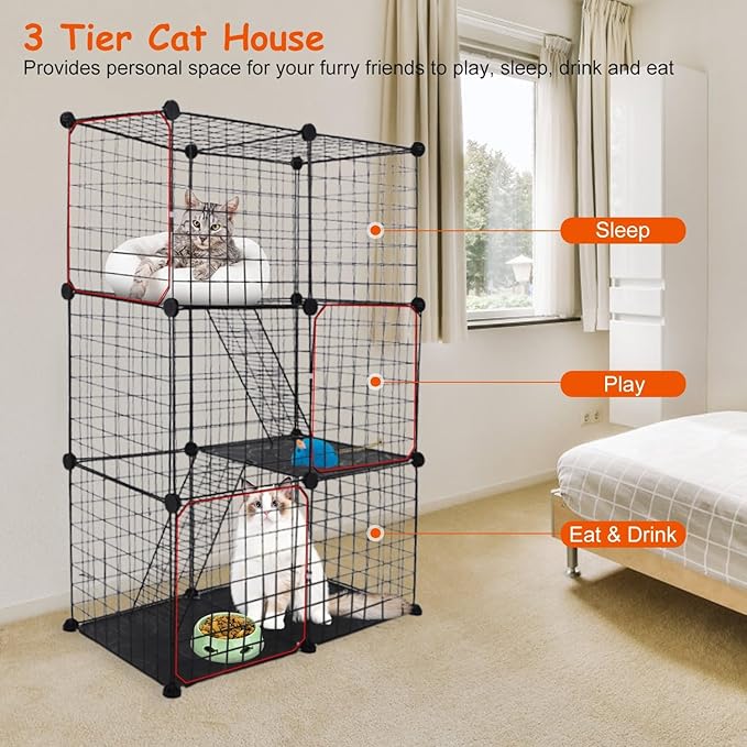 Large 3-Tier Cat Cage, Indoor Cat Enclosures Pliable DIY Cat Playpen, Detachable Metal Wire Kennels Cat Crate Box House with 3 Doors 2 Ramp Ladders for 1-2 Cats, Black - 28.2" x 14.0" x 42.1"