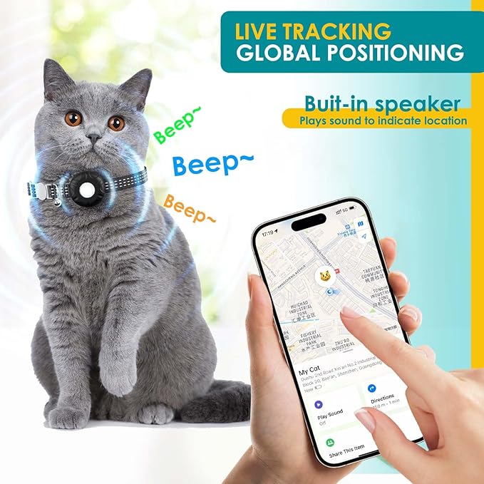 Cat Tracker, GPS Tracker Compatible with Apple Find My App(Only iOS), Waterproof Cat Tracker Collar with Bell and Safety Elastic Buckle, No Monthly Fee Pet Tracker, Up to 1-Year Battery