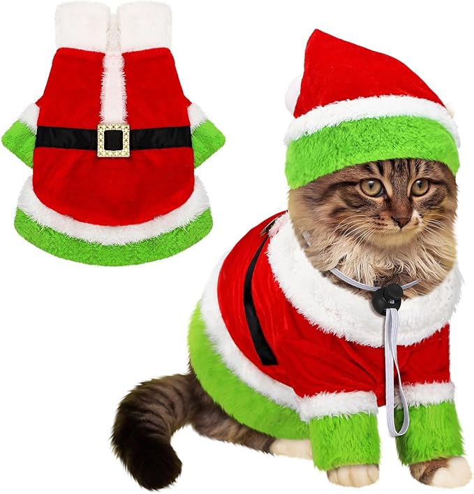 Cat Christmas Costume Lime Green Character Pet Outfit Holiday Green Furry Pet Velvet Costume Cosplay Outfit Cute Funny Christmas Dogs and Cats Clothes for Party Favors(Large)