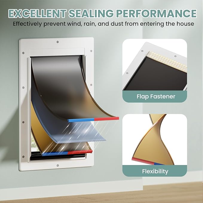Dog Door 3 Flap, Plastic Dog Door for Wall, Large Doggy Door, Dogie Door for Interior & Exterior Walls, Magnetic Flaps, Insulation Flap, Closing Panel, Pet Door for Pets Up to 45lbs(Medium)
